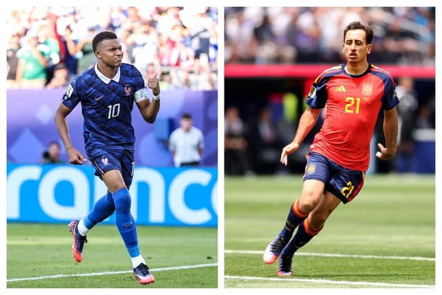 (Izquierda) El francés Kylian Mbappé celebra un gol durante el partido de la Copa Mundial de la FIFA 2026 contra Paraguay en el Estadio de Filadelfia, el 4 de julio de 2026. (Derecha) El español Mikel Oyarzabal durante el partido de cuartos de final contra Bélgica en el Estadio de Los Ángeles, el 10 de julio de 2026. (Dan Mullan/Getty Images, Carl Recine/Getty Images)
