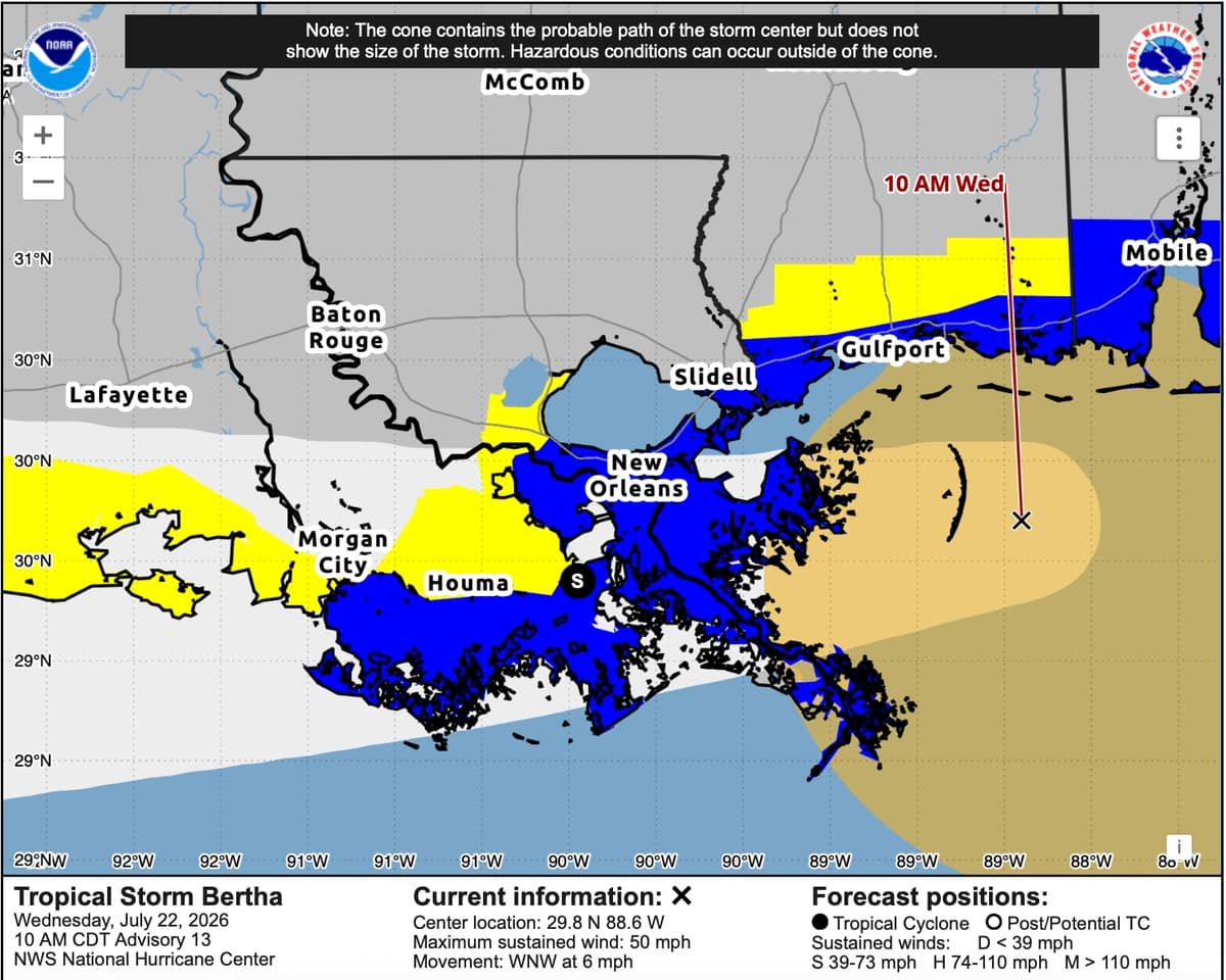 La tormenta tropical Bertha se dirige hacia la costa de Luisiana