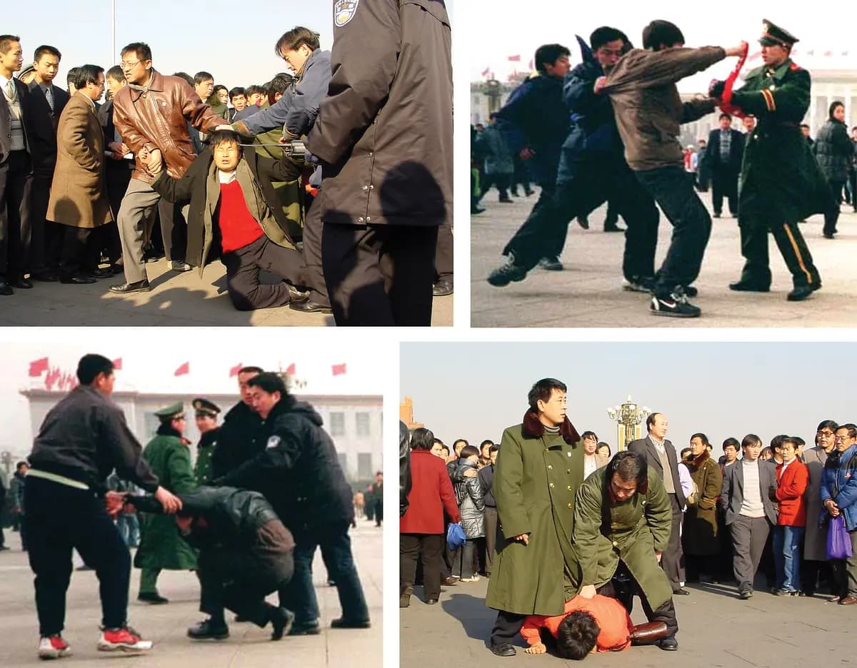 La policía china detiene a practicantes de Falun Gong en la Plaza de Tiananmen, en Pekín, en este collage de fotos de archivo. Bajo el régimen del Partido Comunista Chino, decenas de millones de creyentes religiosos —entre ellos, cristianos clandestinos, budistas tibetanos, musulmanes uigures y practicantes de Falun Gong— corren el riesgo de ser arrestados día tras día. (Chien-Min Chung/AP Photo, Minghui).