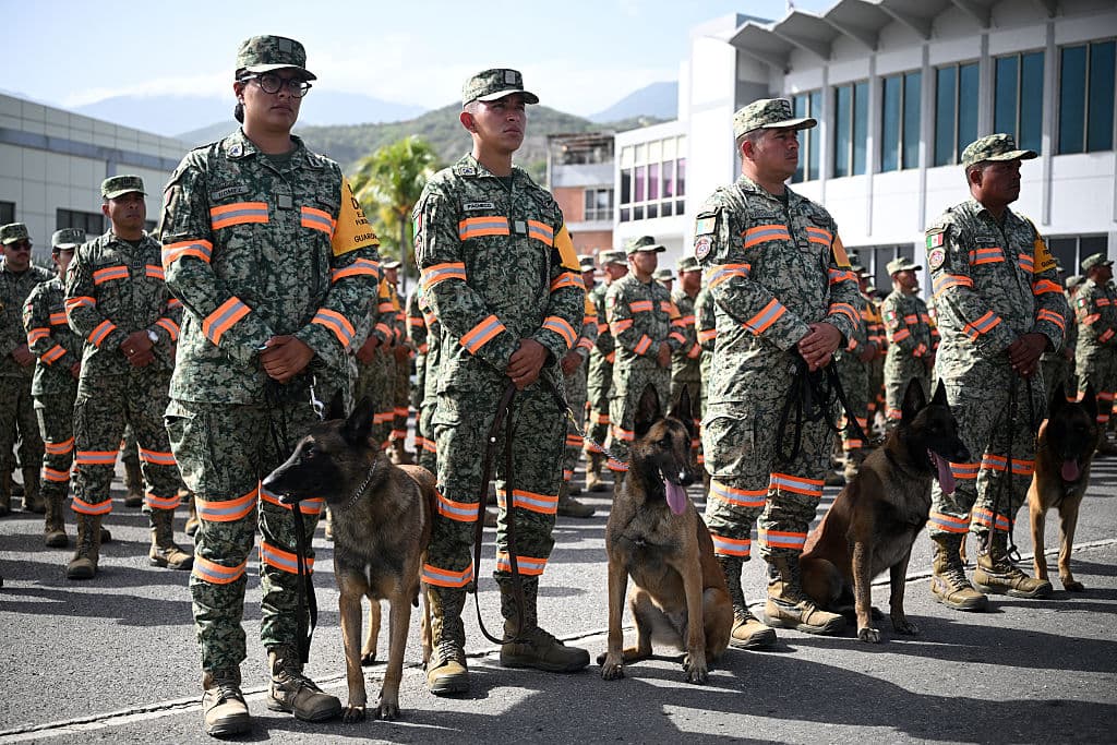 <em>Miembros del equipo de rescate del ejército mexicano con perros rastreadores en la pista del aeropuerto internacional Simón Bolívar en La Guaira, Venezuela, el 26 de junio de 2026, antes de ser enviados a las zonas afectadas tras los mortales terremotos. Utilizando equipo pesado o sus propias manos, rescatistas y voluntarios buscaron sobrevivientes del doble terremoto en Venezuela. (Federico PARRA/AFP vía Getty Images)</em>