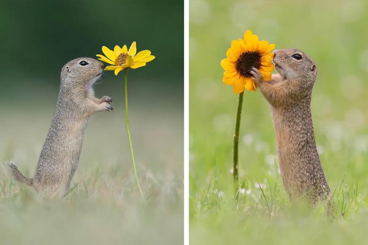 Las ardillas terrestres parecen oler las flores en un espacio verde en las afueras de Viena, Austria. (Cortesía de Dick van Duijn)
