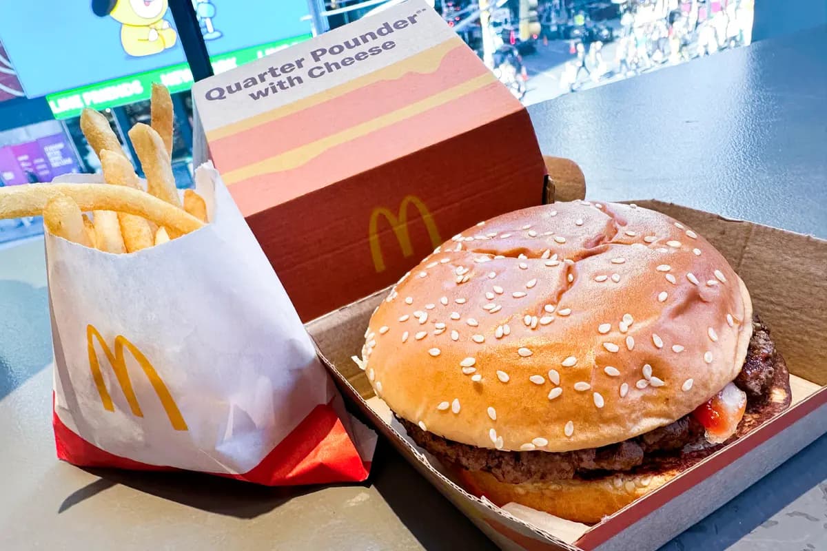 <em>Una hamburguesa Quarter Pounder y papas fritas de McDonald's se exhiben en un local de Times Square, Nueva York, el 23 de octubre de 2024. (Foto de Richard Drew/AP).</em>