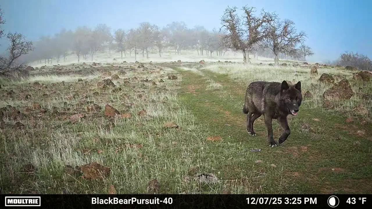 Un fotograma de un video captado por una cámara de rastreo de un lobo gris en el norte de California el 7 de diciembre de 2025. (Cortesía de Seth Watts/Black Bear Pursuits).