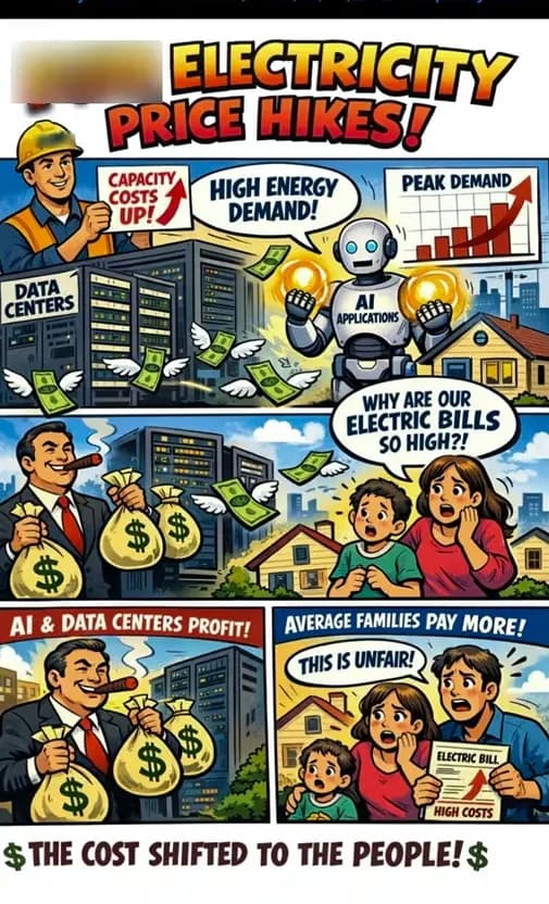 Capturas de pantalla de una tira cómica en inglés generada por ChatGPT que sugiere que la construcción de centros de datos de IA está elevando los costos de electricidad para los hogares estadounidenses promedio, publicadas en X por una red de cuentas probablemente falsas. (OpenAI/Captura de pantalla vía The Epoch Times)