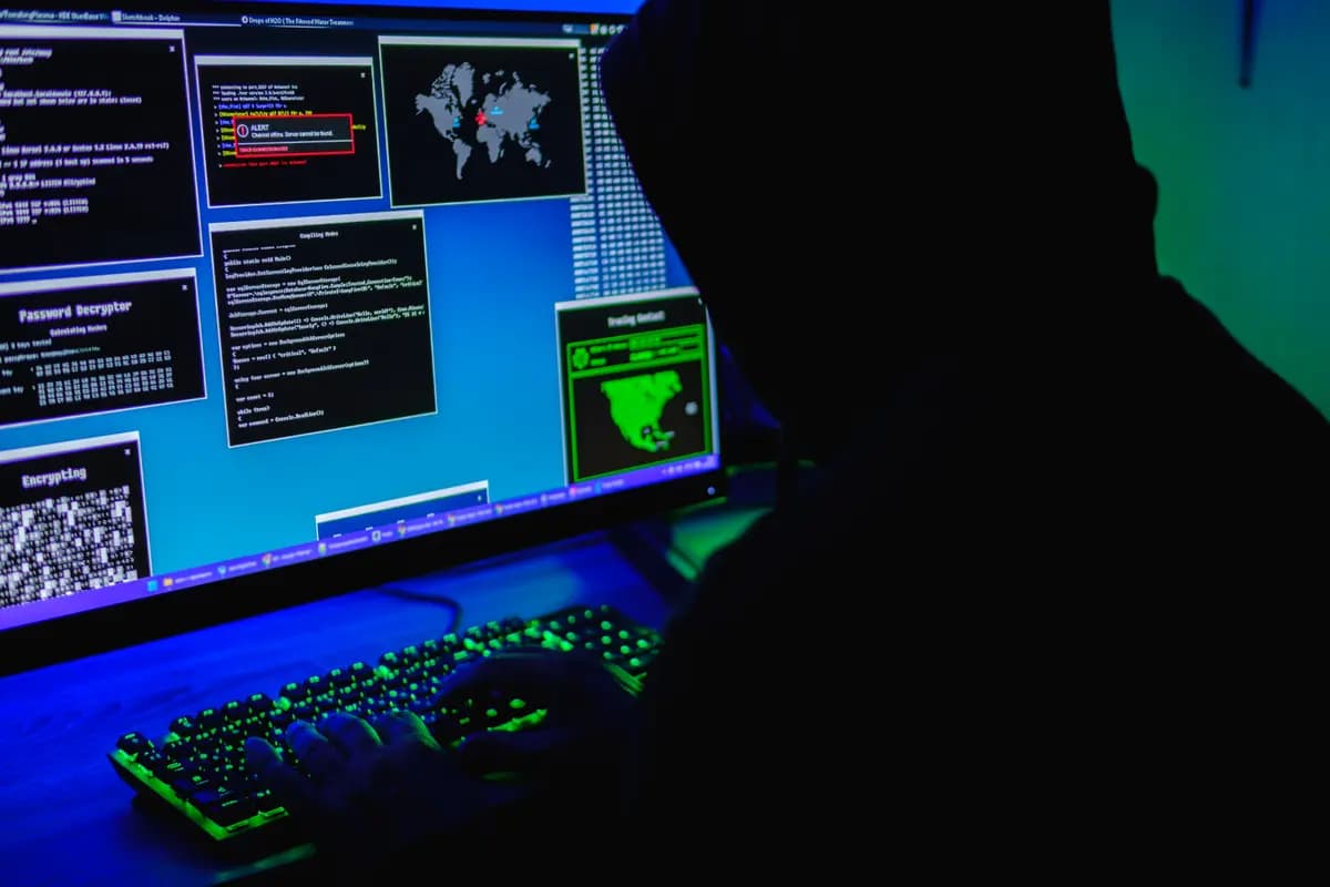 En esta ilustración fotográfica, un hacker escribe en el teclado de una computadora el 13 de mayo de 2025. (Oleksii Pydsosonnii/The Epoch Times).