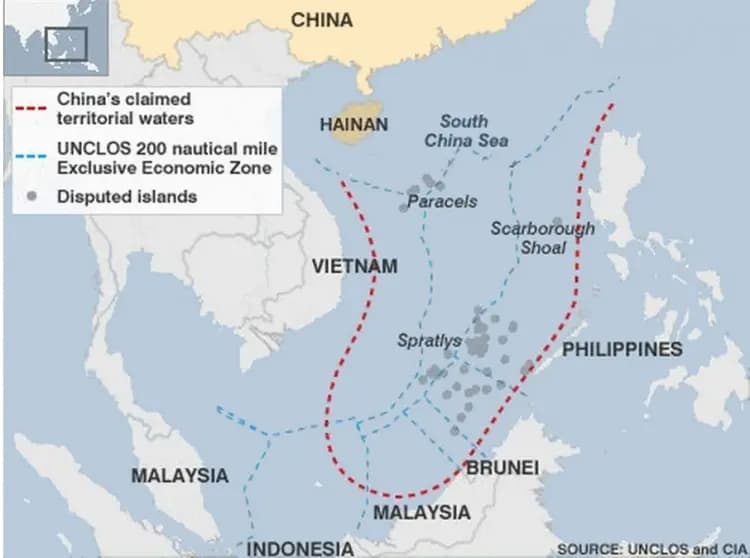 Un mapa que muestra las aguas en disputa por parte de China en el Mar de China Meridional. (La CNUDM y la CIA)