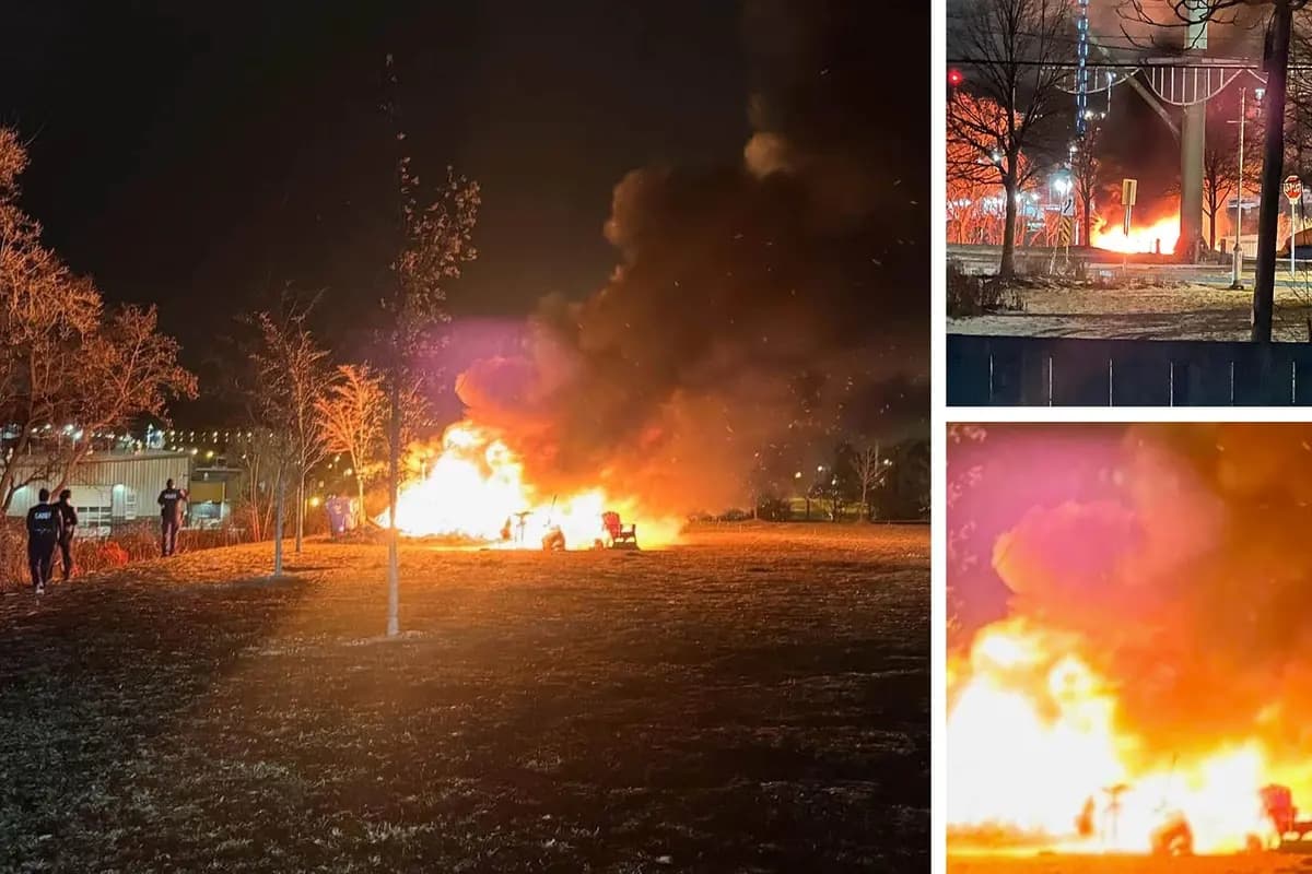 El incendio de la tienda de campaña en el estacionamiento de grava del restaurante Hutch’s, en el Bayfront Park de Hamilton, el 5 de enero de 2025. (Cortesía de Christine Fox)