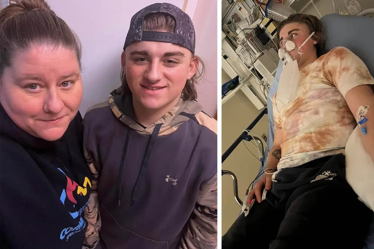 (Izquierda) Christine Fox y su hijo, Zeke Fox (Cortesía de Christine Fox); (Derecha) Zeke Fox recibe tratamiento por intoxicación por humo tras el incendio.