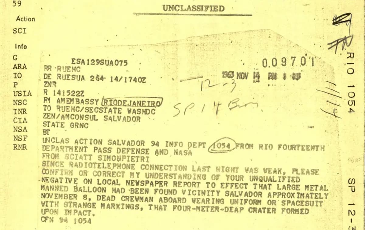 El Departamento de Guerra de los Estados Unidos publicó archivos sobre ovnis el 7 de agosto de 2026. Estos incluían un memorando de 1963 que describía un informe sobre un "tripulante muerto" procedente de Brasil. (Departamento de Guerra de los Estados Unidos)