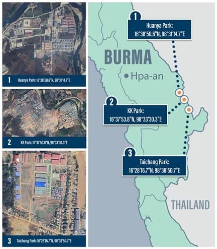Un mapa muestra la ubicación de complejos fraudulentos en Birmania (Myanmar). Organizaciones criminales chinas colaboran con grupos armados locales, como el Ejército Benevolente Karen Democrático, para desarrollar y proteger estos complejos, financiando el crimen organizado y las milicias locales. (Departamento del Tesoro de EE. UU.).