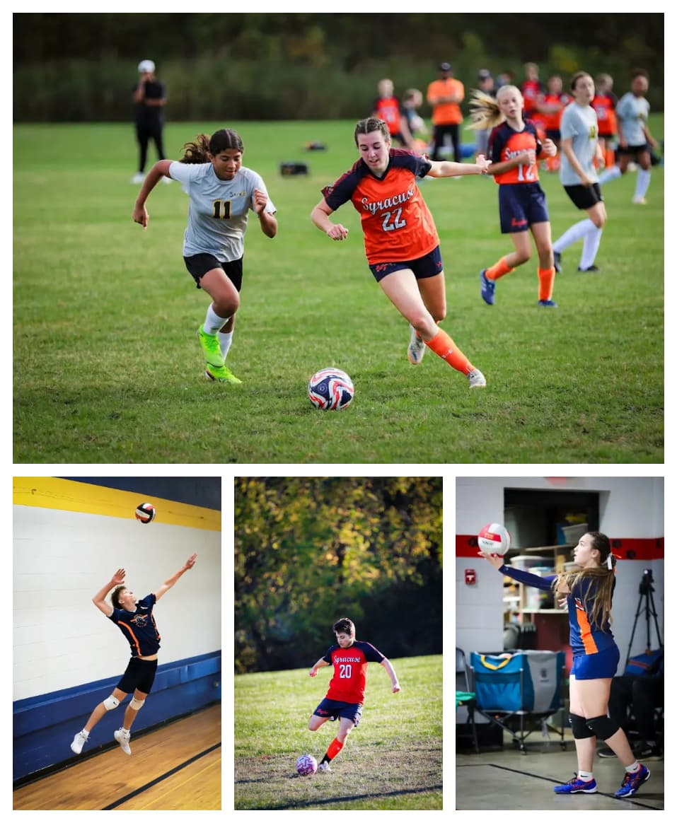 (Arriba) Jugadoras de los Syracuse Eagles y de la Cortland Christian Academy compiten en un partido de fútbol de equipo universitario femenino en Clay, Nueva York, en septiembre de 2025. (Abajo a la izquierda) Un jugador del equipo escolar masculino de voleibol de los Syracuse Eagles realiza un saque durante un partido contra la Union Springs Academy en Union Springs, Nueva York, en abril de 2026. (Abajo al centro) Un jugador de fútbol del equipo escolar masculino de los Syracuse Eagles compite en un partido en Clay, Nueva York, en septiembre de 2026. Nathan Emmons, uno de los principales voluntarios y líderes de la organización deportiva Port City Royals, señaló que ha habido una fuerte presión y apoyo bipartidista a favor de una legislación que revierta las regulaciones actuales del estado de Nueva York, pero ninguno de los esfuerzos ha tenido éxito. (Abajo a la derecha) Una jugadora de voleibol del equipo Syracuse Eagles realiza un saque en un partido contra la Corning Christian Academy en Corning, Nueva York, en marzo de 2026. (Cortesía de Sherry Luke Photography)