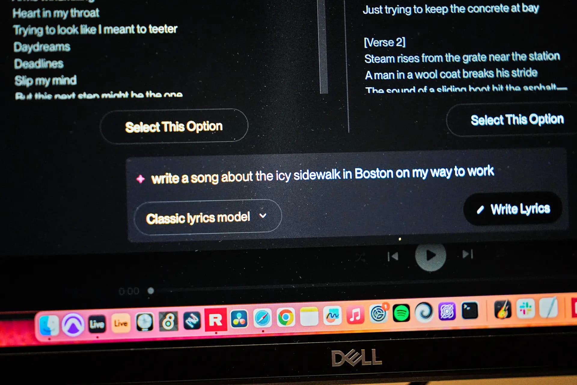 La pantalla de una computadora muestra las primeras etapas de la creación de una canción mediante inteligencia artificial a partir de la indicación "escribe una canción sobre la acera helada de Boston...", en Cambridge, Massachusetts, el 13 de enero de 2026. (Robert F. Bukaty/AP Photo).
