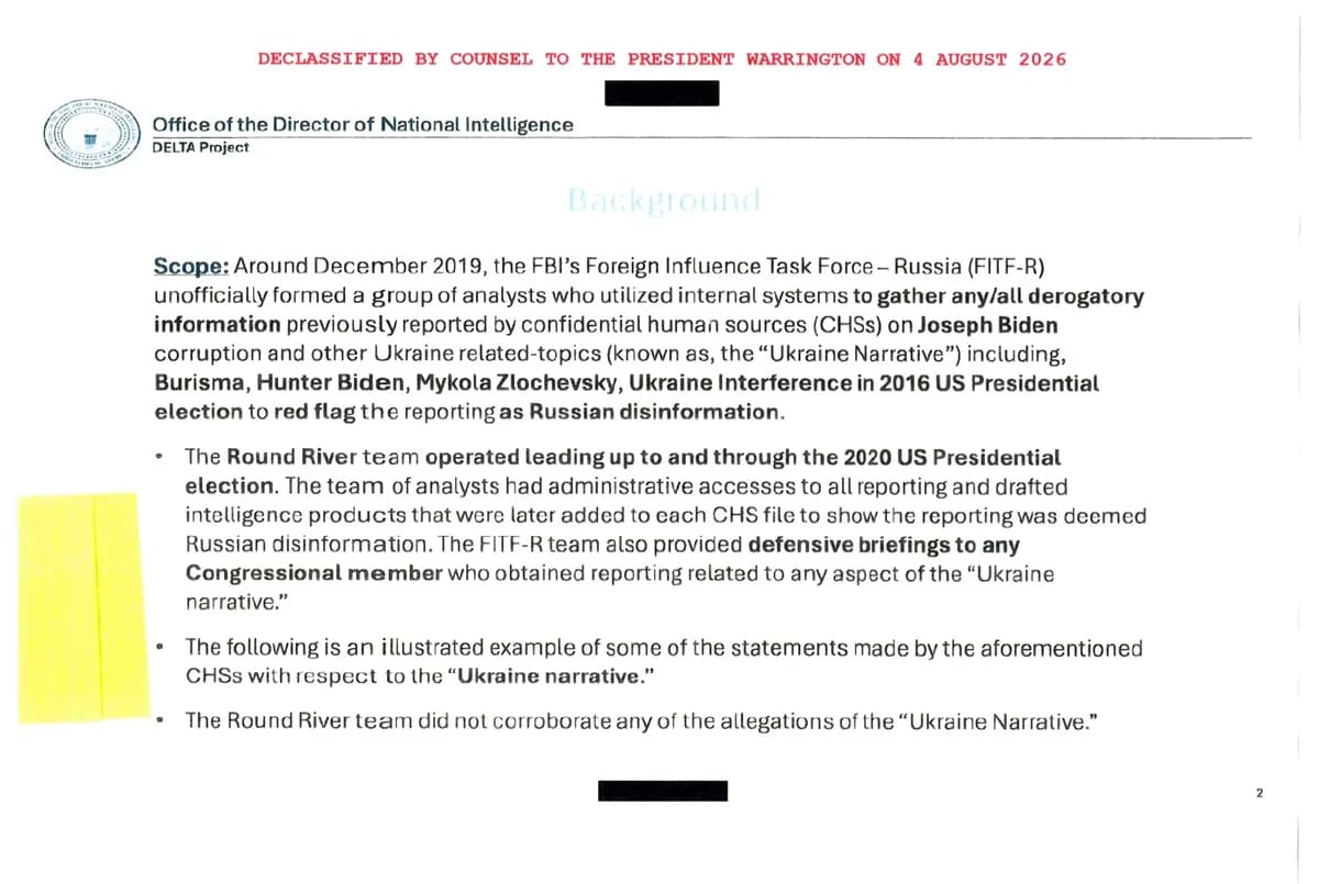El Grupo de Trabajo de Transparencia de la Casa Blanca dio a conocer documentos relacionados con "Round River", incluido un memorándum del Director de Inteligencia Nacional. (Cortesía de la Casa Blanca)