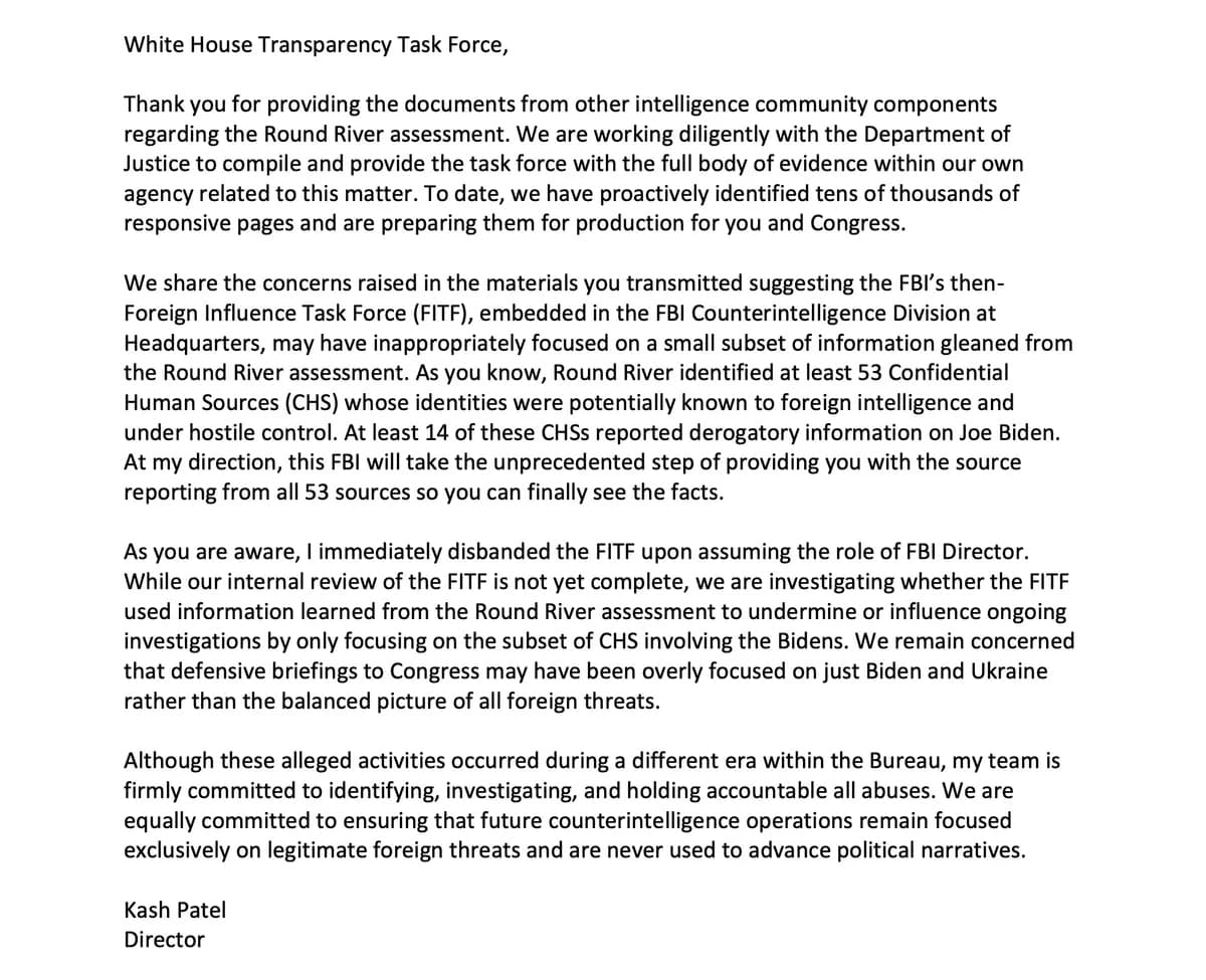 Entre los documentos recientemente publicados se encontraba una carta que el director del FBI, Kash Patel, escribió al Grupo de Trabajo sobre Transparencia de la Casa Blanca. (Cortesía de la Casa Blanca)