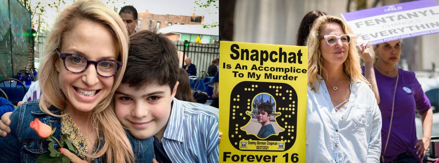 (Izquierda) Laura Berman y su hijo Sammy, quien falleció a los 16 años tras ingerir una pastilla con fentanilo que compró en Snapchat, posan en esta imagen de archivo. (Derecha) Laura Berman (izq.) sostiene una foto de su hijo mientras protesta junto a familiares y amigos de personas que murieron envenenadas con pastillas que contenían fentanilo, cerca de la sede de Snap, Inc. en Santa Mónica, California, el 4 de junio de 2021. (Cortesía de Samuel Chapman, Patrick T. Fallon/AFP vía Getty Images).