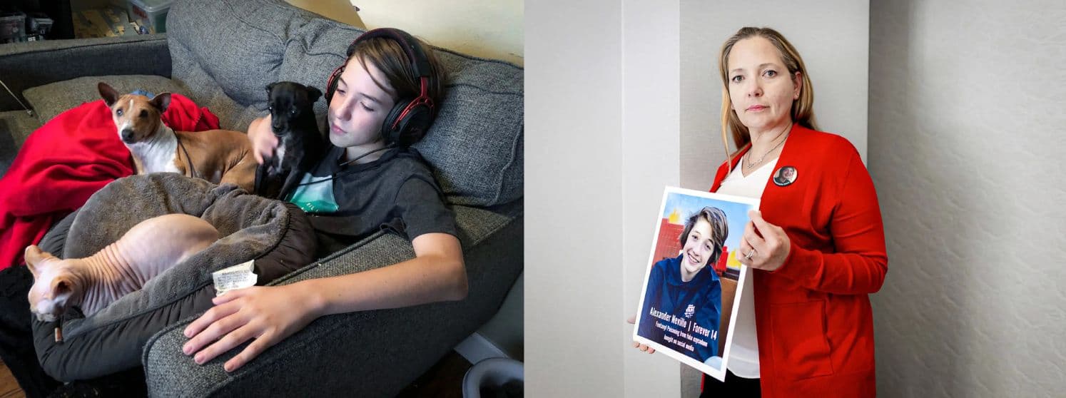 (Izquierda) Alexander Neville, de 14 años, descansa junto a las mascotas de su familia en una foto sin fecha. Alexander falleció por envenenamiento con fentanilo en junio de 2020 a la edad de 14 años. (Derecha) Amy Neville, fundadora de la Fundación Alexander Neville, en Anaheim, California, el 10 de julio de 2025. (Cortesía de Amy Neville, John Fredricks/The Epoch Times).