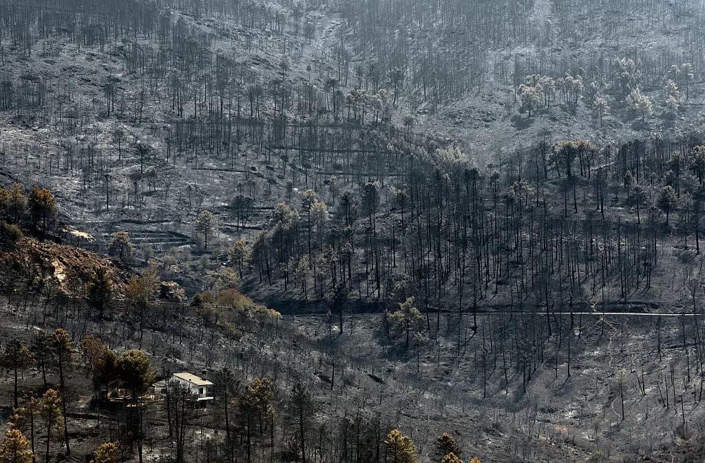 <em>Una casa en el valle de Iruelas está rodeada por laderas de montaña calcinadas por un incendio forestal, cerca de El Tiemblo, a 80 kilómetros al oeste de Madrid, el 29 de julio de 2026. (Pierre-Philippe Marcou/AFP vía Getty Images).</em>