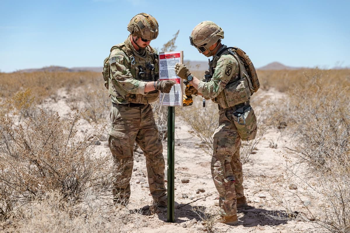 Tropas de la Fuerza de Tarea Conjunta de la Frontera Sur marcan el perímetro del Área de Defensa Nacional de Nuevo México, reforzando un tramo clave de la frontera sur. (Cortesía del Comando Norte de los Estados Unidos).