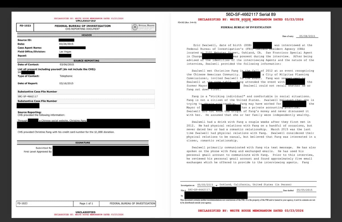 Documentos recientemente desclasificados y publicados el 17 de agosto por el Grupo de Trabajo de Transparencia Gubernamental de la Casa Blanca revelan declaraciones del exrepresentante Eric Swalwell (D-Calif.), quien admitió haber mantenido una relación sexual con Christine Fang, sospechosa de ser espía china. (Cortesía de la Casa Blanca)