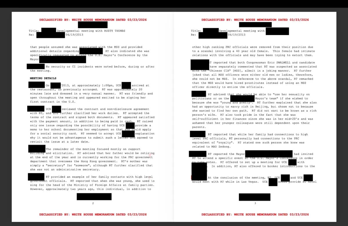 Documentos recientemente desclasificados y publicados por el Grupo de Trabajo de Transparencia Gubernamental de la Casa Blanca el 17 de agosto revelan una operación para investigar a la presunta espía china Christine Fang, cuyo nombre en clave era "Rusty Thumbs". (Cortesía de la Casa Blanca)