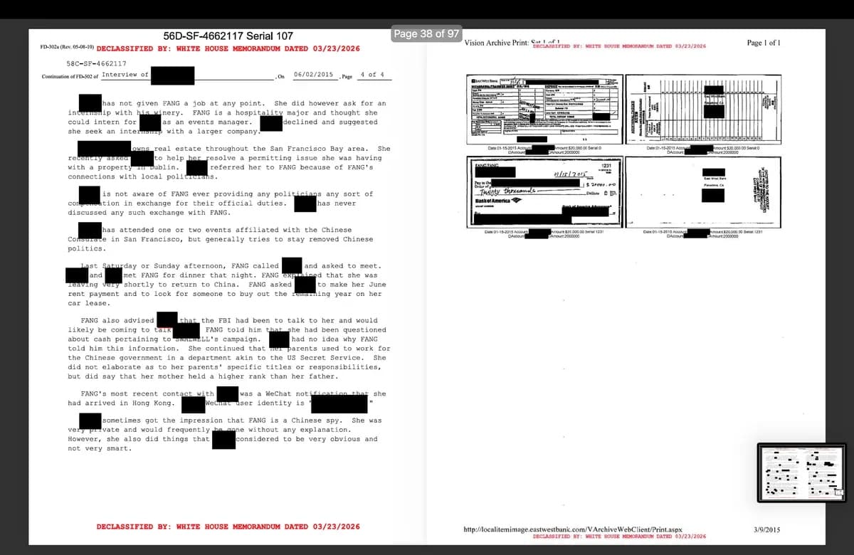 Los documentos recientemente desclasificados y publicados por el Grupo de Trabajo sobre Transparencia Gubernamental de la Casa Blanca el 17 de agosto revelan una operación para investigar a la presunta espía china Christine Fang y sus vínculos con la agencia de inteligencia del Partido Comunista de China. (Cortesía de la Casa Blanca)