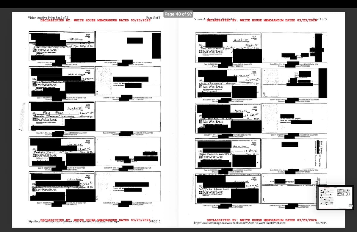 Los documentos recientemente desclasificados y publicados por el Grupo de Trabajo sobre Transparencia Gubernamental de la Casa Blanca el 17 de agosto incluían cheques emitidos a nombre de la espía china Christine Fang y recibidos por ella, relacionados con infracciones en el financiamiento de campañas electorales. (Cortesía de la Casa Blanca)
