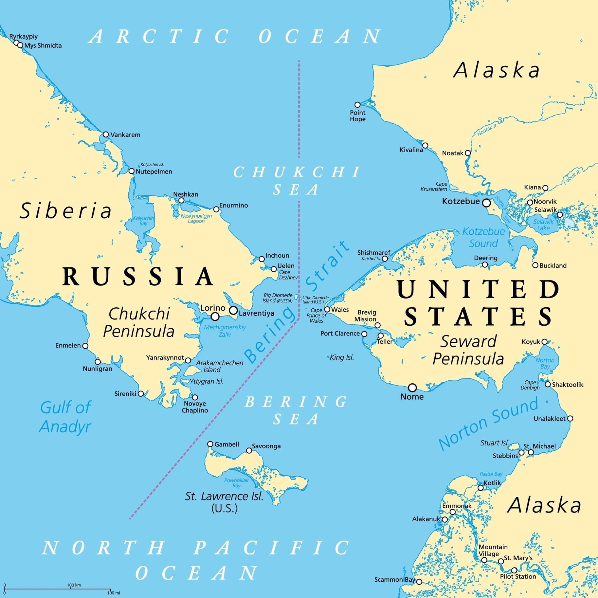 Mapa político que muestra la región del estrecho de Bering, incluyendo partes de Alaska (EE. UU.) y Siberia (Rusia), junto con los mares y océanos circundantes. (Shutterstock).