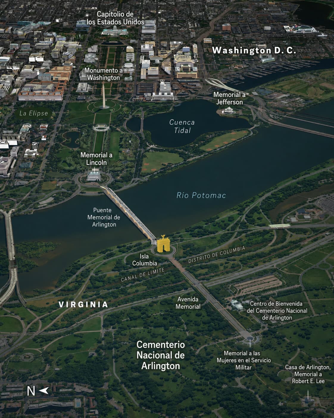 Un mapa muestra la ubicación propuesta para el arco triunfal planeado por el presidente Donald Trump. (Ilustración de The Epoch Times, Google Earth)
