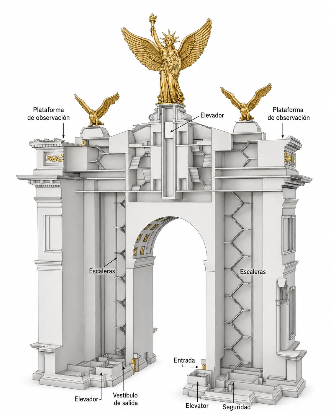 Una representación muestra el interior del monumento en forma de arco triunfal propuesto, incluidas las plataformas de observación. (Ilustración de The Epoch Times)