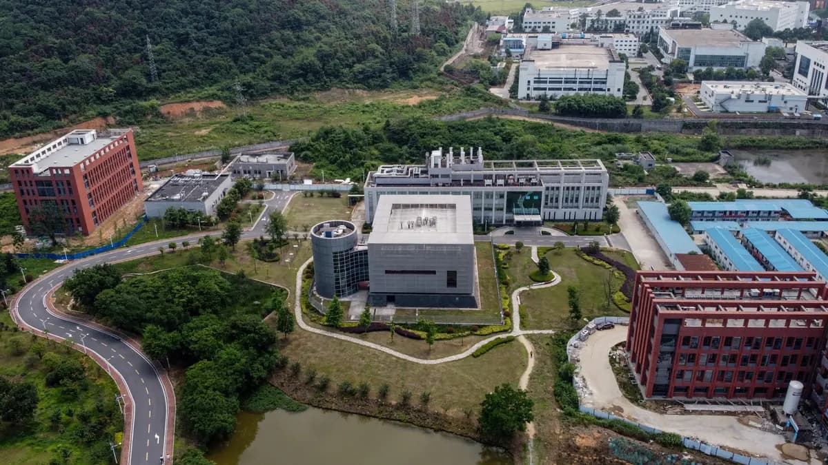 <em>Esta vista aérea muestra el laboratorio P4 (C) en el campus del Instituto de Virología de Wuhan en Wuhan, en la provincia central de Hubei, China, el 27 de mayo de 2020. (Hector Retamal/AFP vía Getty Images).</em>
