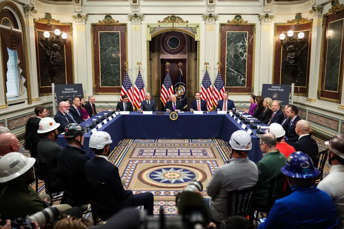 El presidente Donald Trump habla durante una mesa redonda sobre el "compromiso de protección a los usuarios" de la administración en la Sala de los Tratados Indígenas de la Casa Blanca el 4 de marzo de 2026. El compromiso es una política diseñada para que los consumidores no tengan que asumir los crecientes costos de energía generados por los centros de datos de inteligencia artificial. (Win McNamee/Getty Images)