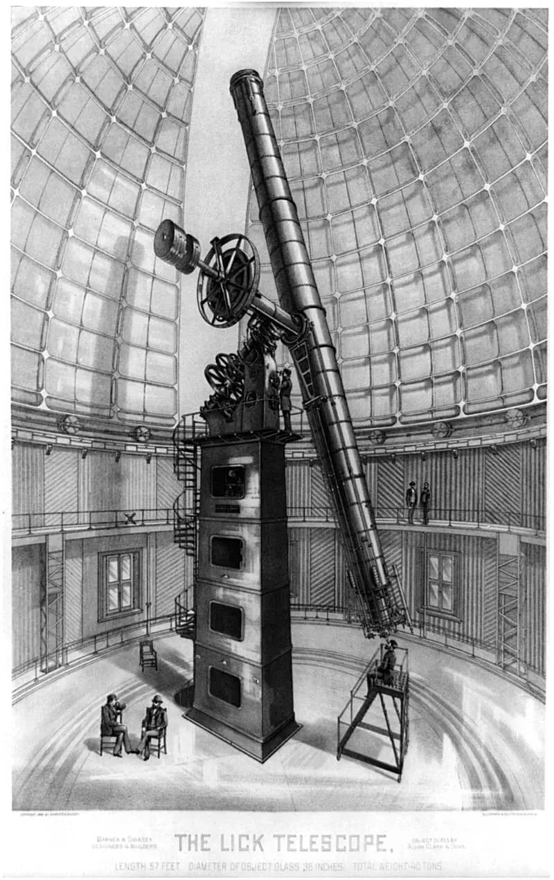 El refractor Great Lick de 91 centímetros (36 pulgadas), en un grabado de 1889. Biblioteca del Congreso. (Dominio público).