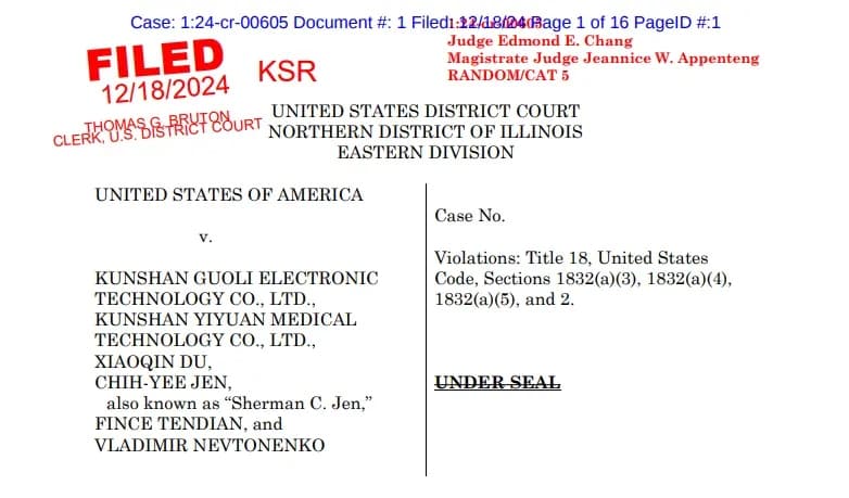 Una acusación federal presentada el 18 de diciembre de 2024 imputó a exingenieros de Philips y a acusados con sede en China en un caso de secretos comerciales relacionado con la tecnología de tubos de rayos X. (Corte de Distrito de Estados Unidos para el Distrito Norte de Illinois / Captura de pantalla vía The Epoch Times)