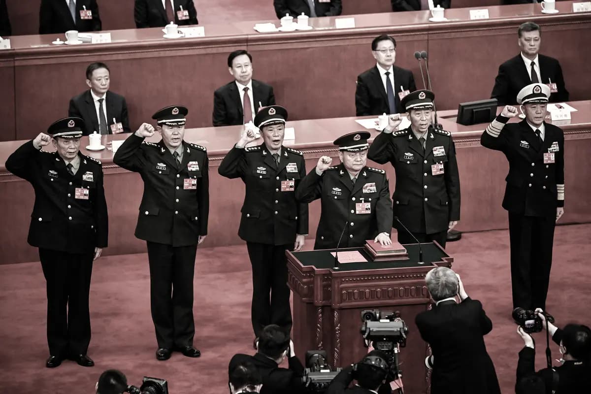 Zhang Youxia (al frente) presta juramento junto a los miembros de la Comisión Militar Central tras su elección durante la cuarta sesión plenaria de la Asamblea Popular Nacional, celebrada en el Gran Salón del Pueblo en Beijing el 11 de marzo de 2023. (Greg Baker/Pool/AFP vía Getty Images).