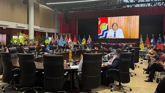 Los líderes de las naciones insulares del Pacífico celebran una reunión en Koror, Palau, el 31 de agosto de 2026. (Jan Jekielek/The Epoch Times)
