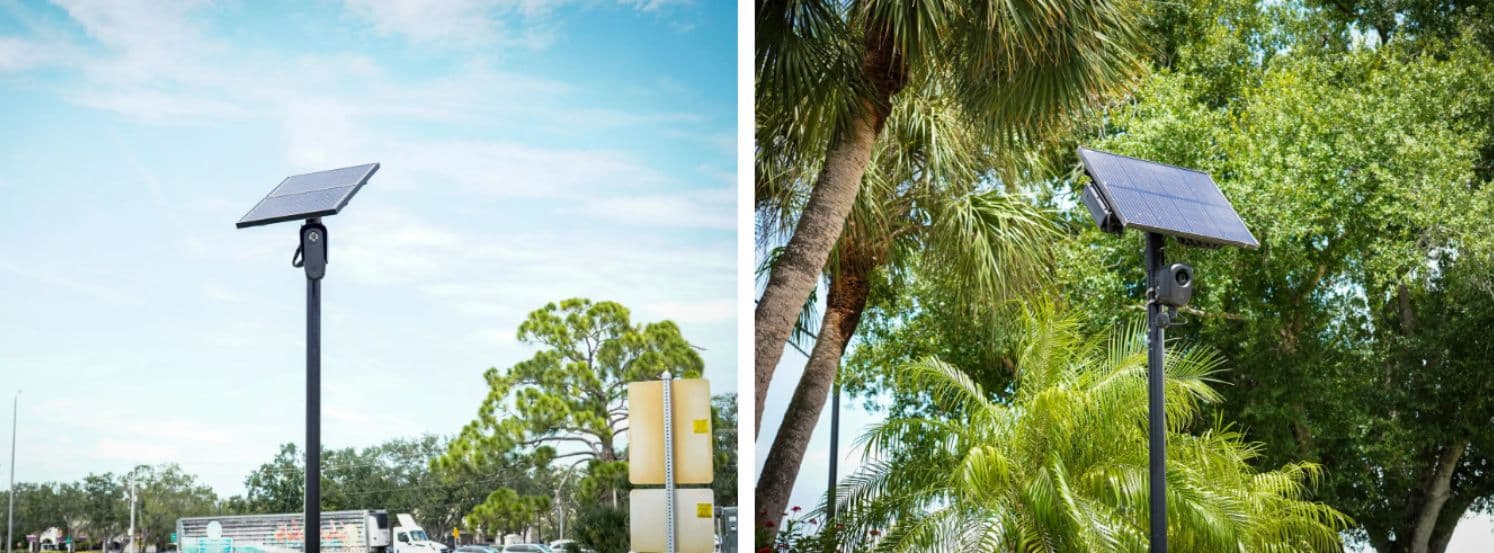 (Izquierda) Una cámara de Flock Safety en Cattleman Road en Sarasota, Florida, el 21 de agosto de 2026. (Derecha) Una cámara de Flock Safety en la entrada de un vecindario residencial cerca de Bee Ridge Road en Sarasota, Florida, el 21 de agosto de 2026. (Jacob Burg/The Epoch Times)
