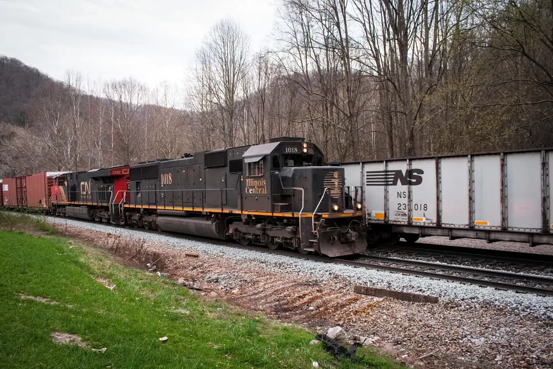 La locomotora Illinois Central 1018 y la Canadian National 2262 encabezan un tren de carga mixta de Norfolk Southern en la División Pocahontas de la empresa ferroviaria, que recorre principalmente la región carbonífera y montañosa de los Montes Apalaches, el 3 de abril de 2010. (jpmueller99/CC BY-SA 2.0)
