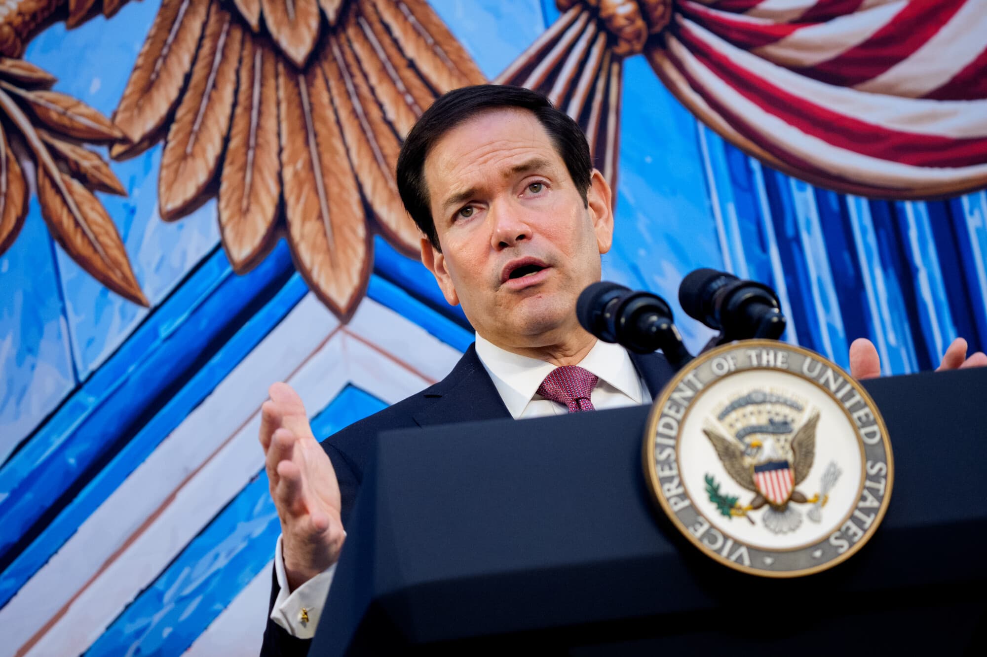 El secretario de Estado Marco Rubio habla durante el evento de lanzamiento de Foundry School en el Instituto Estadounidense de la Paz el 3 de septiembre de 2026 en Washington, D.C.  (Andrew Harnik/Getty Images)
