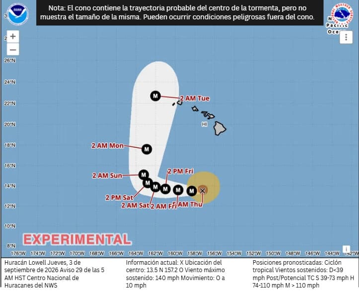 Mapa de pronóstico del giro hacia el norte que se espera que tome el huracán Lowell y su impacto en las islas de Hawái al 3 de septiembre de 2026. (Centro Nacional de Huracanes).