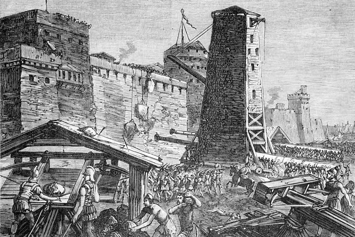 Representación del asedio de Rodas en el año 305 a. C., en la que se ve a las fuerzas de Demetrio utilizando la Helepolis para atacar las murallas de la ciudad. (Dominio público)