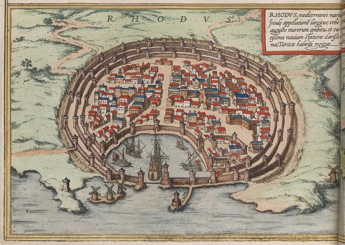 Mapa de la antigua Rodas que muestra la disposición de la ciudad y sus murallas fortificadas. (Colecciones del Patrimonio de la Universidad de Edimburgo/CC BY-SA 3.0)