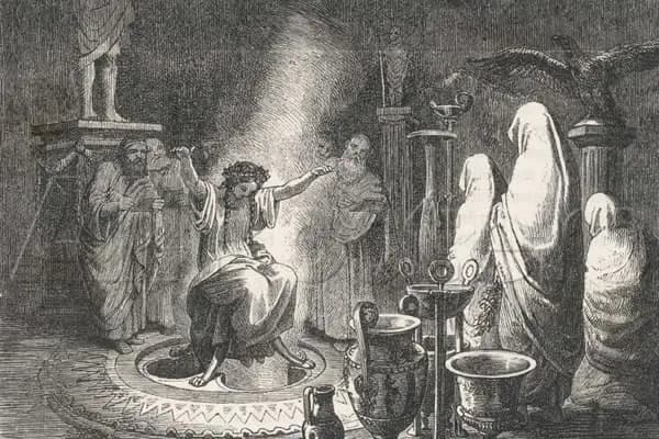 "El oráculo de Delfos en trance", de Heinrich Leutemann. En esta imagen se muestra al oráculo entrando en trance antes de pronunciar un decreto profético. (Dominio público)