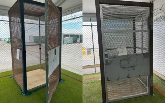 Una pequeña jaula en el Centro de Detención de Paredes Blandas de Florida en Ochopee, el 21 de enero de 2026. (The Epoch Times vía DHS OIG)