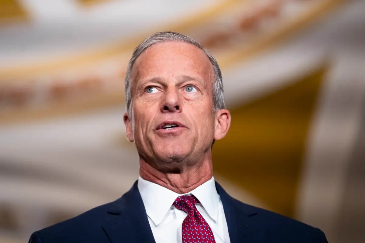 El líder de la mayoría del Senado, John Thune (R-S.D.), se dirige a los miembros de la prensa en Washington el 14 de abril de 2026. (Madalina Kilroy/The Epoch Times).