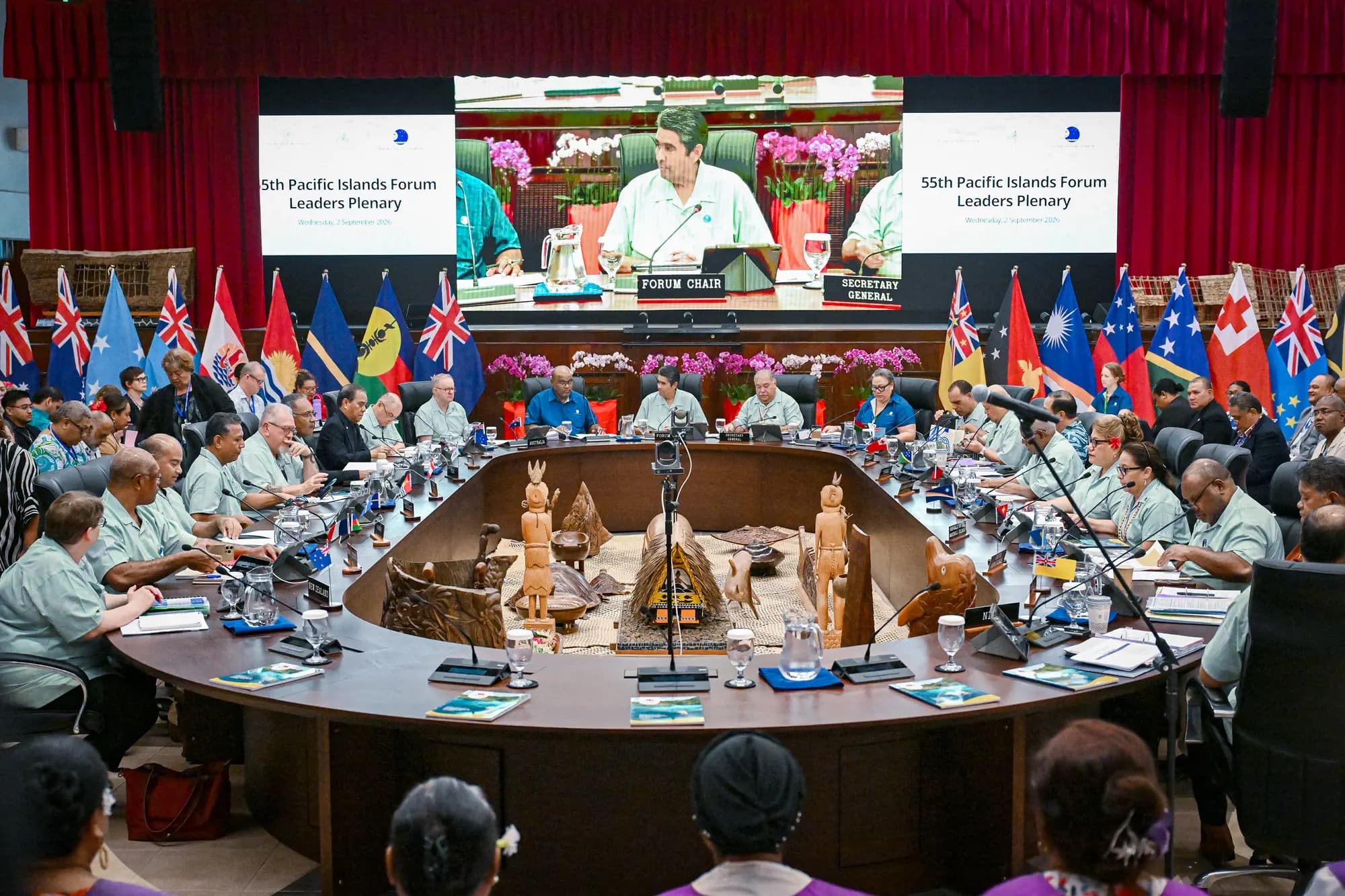 <em>Líderes de la región del Pacífico asistieron a un foro sobre las Islas del Pacífico en Koror, Palaos, el 2 de septiembre de 2026. La reunión se centró en el narcotráfico transnacional y otras prioridades regionales, así como en las tensiones entre China y Taiwán. (Saeed Khan/AFP vía Getty Images).</em>