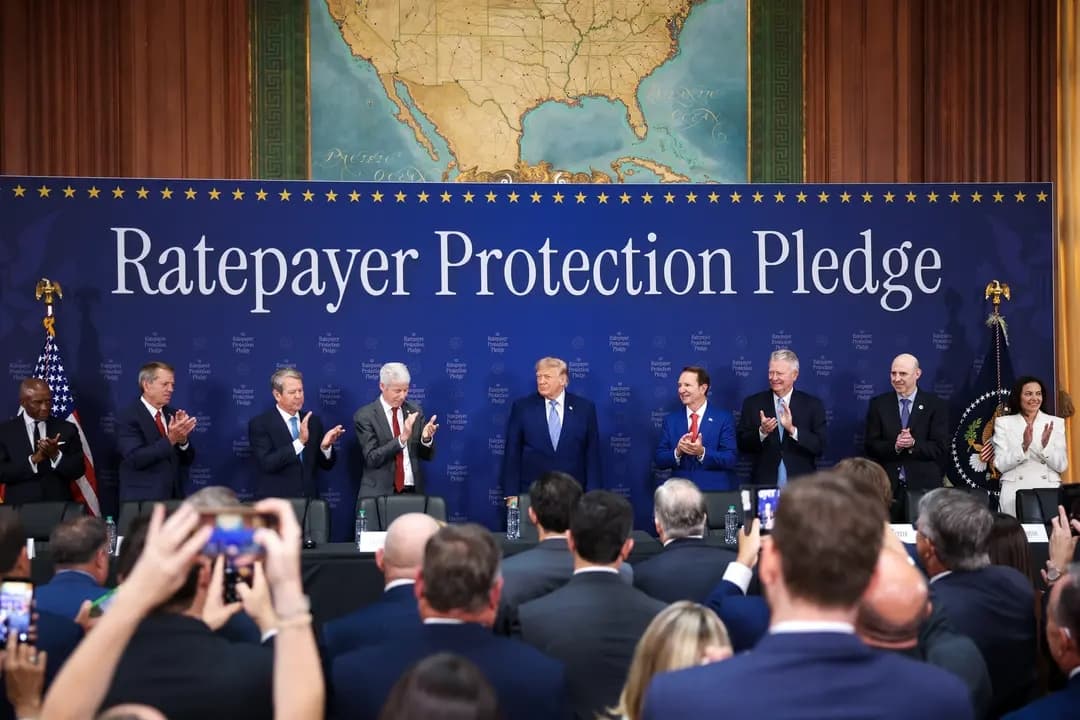 El presidente Donald Trump (C) organiza una mesa redonda sobre el Compromiso de Protección al Consumidor, destinado a proteger a los usuarios de los costos de la electricidad asociados con el auge de la inteligencia artificial. El gobernador de Luisiana, Jeff Landry (4.º por la derecha), está posicionando a su estado para que sea un actor clave en el auge de los centros de datos relacionado con la inteligencia artificial. (Kevin Dietsch/Getty Images)