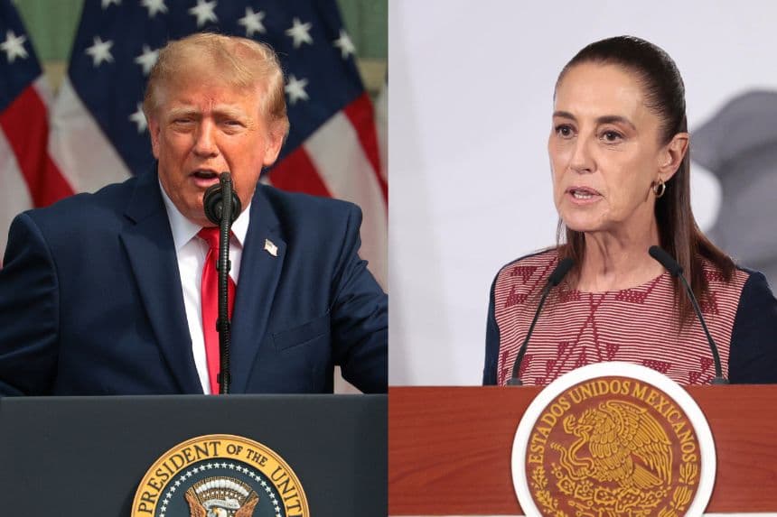 (De Izq. a der.) El presidente de Estados Unidos, Donald Trump, pronuncia un discurso durante una ceremonia en conmemoración del 25.º aniversario de los atentados terroristas del 11 de septiembre, celebrada en el patio del Pentágono el 11 de septiembre de 2026 en Arlington, Virginia.  (Chip Somodevilla/Getty Images) /  La presidenta de México, Claudia Sheinbaum, habla durante una rueda de prensa el 25 de mayo, en el Palacio Nacional de Ciudad de México, México. (EFE/ José Méndez)