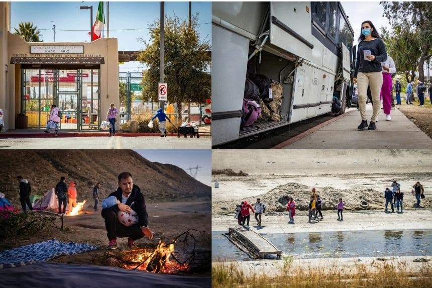 (En el sentido de las agujas del reloj desde arriba a la izquierda) Una familia se prepara para entrar a México desde Naco, Arizona, el 5 de marzo de 2025. Autobuses dejan inmigrantes indocumentados en San Ysidro, California, el 29 de febrero de 2024. Migrantes cruzan el río Tijuana y se dirigen hacia el muro fronterizo estadounidense en Tijuana, México, el 11 de mayo de 2023. Inmigrantes indocumentados de Afganistán que pasaron por una brecha en el muro fronterizo estadounidense esperan ser procesados ​​por agentes de la Patrulla Fronteriza de EE. UU. en Jacumba, California, el 6 de diciembre de 2023. (John Fredricks/The Epoch Times)