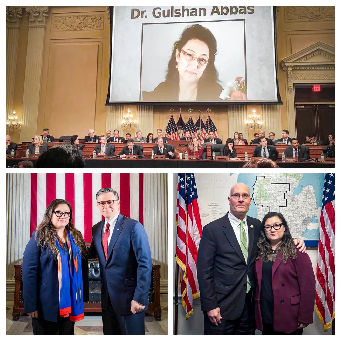 (Arriba) Se muestra la imagen de la Dra. Gulshan Abbas durante una audiencia del Congreso a cargo del Comité Especial de la Cámara de Representantes sobre el Partido Comunista Chino, titulada “El genocidio uigur en curso por parte del Partido Comunista Chino”, en Washington el 23 de marzo de 2023. (Abajo a la izquierda) Ziba Murat con el presidente de la Cámara de Representantes, Mike Johnson (R-La.), durante una visita con motivo del discurso sobre el Estado de la Unión en Washington el 24 de febrero de 2026. (Abajo a la derecha) Ziba Murat con el representante John Moolenaar (R-Mich.), presidente de la Comisión Especial de la Cámara de Representantes sobre el Partido Comunista Chino, en Washington en marzo de 2026. (Cortesía de Ziba Murat)