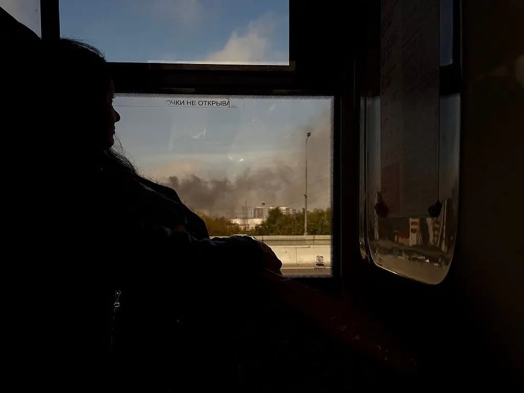 <em>Una mujer viaja en un autobús mientras sale humo de la refinería de petróleo de la petrolera rusa Gazprom Neft en Moscú, el 20 de septiembre de 2026. (AFP vía Getty Images).</em>
